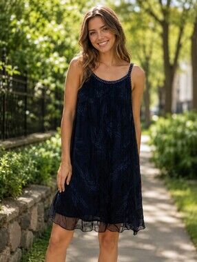 Rosemarine Silk Blend Mini Dress Size Large Navy Blue, Black,Silver